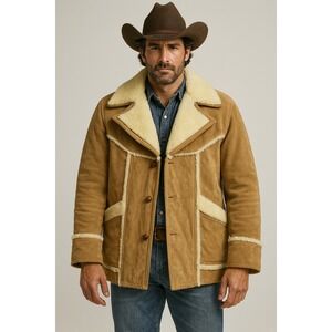 SILTON Men's 42/L Vintage 70s Tan Suede Shearling Coat Marlboro Man Ranch Jacket